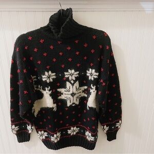 Studio Michelle Stuart Vintage Hand Knit Navy Blue Fair Isle Turtleneck Sweater